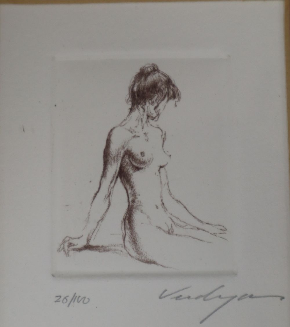 Verdyer (?), two small etchings of female nudes, signed, 26/100, overall 8 x 6.5cm